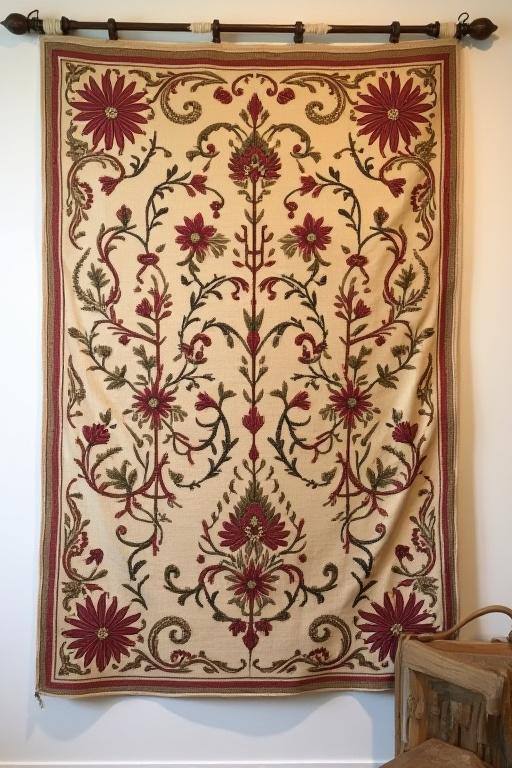 जटिल रूप से कढ़ाई की गई दीवार पर लटकने वाला वस्त्र